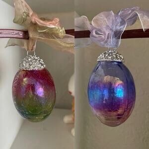 Set 2 Crackle Mirror Finish Decorative Eggs with Ribbon Bows Pink Purple Ombre